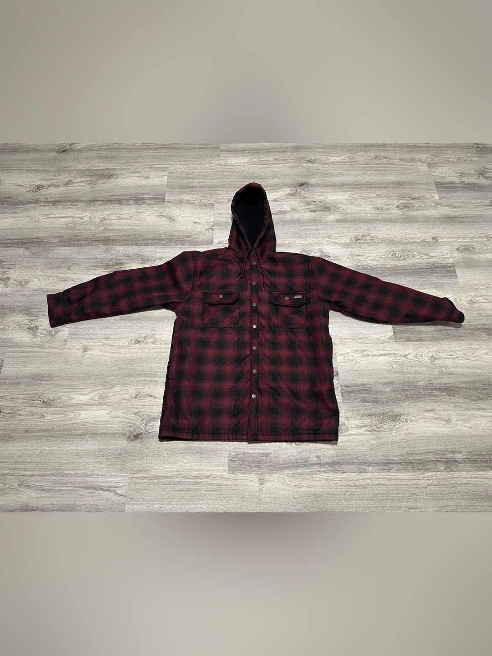 Dickies Hooded Flannel Jacket Men’s Large Red Black Plaid Snap Button Workwear